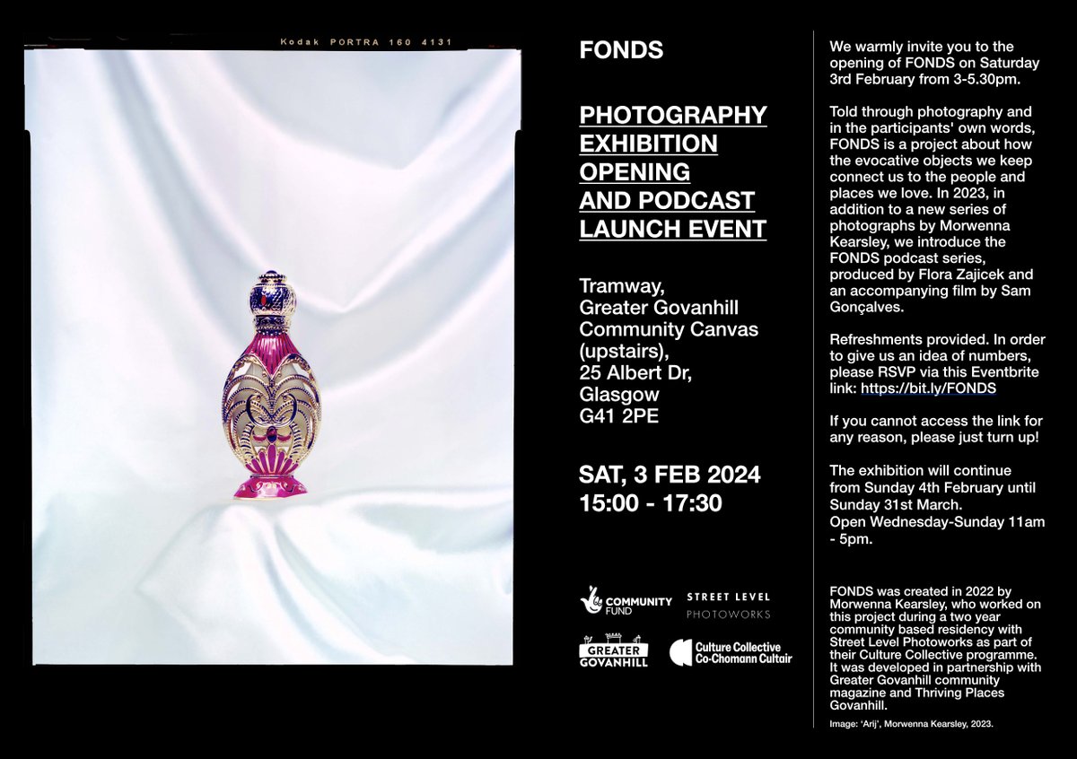 FONDS launches at <a href="/Govanhill_mag/">🦋 @greatergovanhill.com on BlueSky 🦋</a> community space upstairs at <a href="/GlasgowTramway/">Tramway, Glasgow</a> Sat 3rd Feb, 3-5.30pm. FONDS: Stories of People Through the Objects They Treasure - photography and podcasts. Partnership in <a href="/StreetLevel_/">Street Level Photoworks</a>  <a href="/CultureColSco/">Culture Collective</a> community engagement programme. Superb!