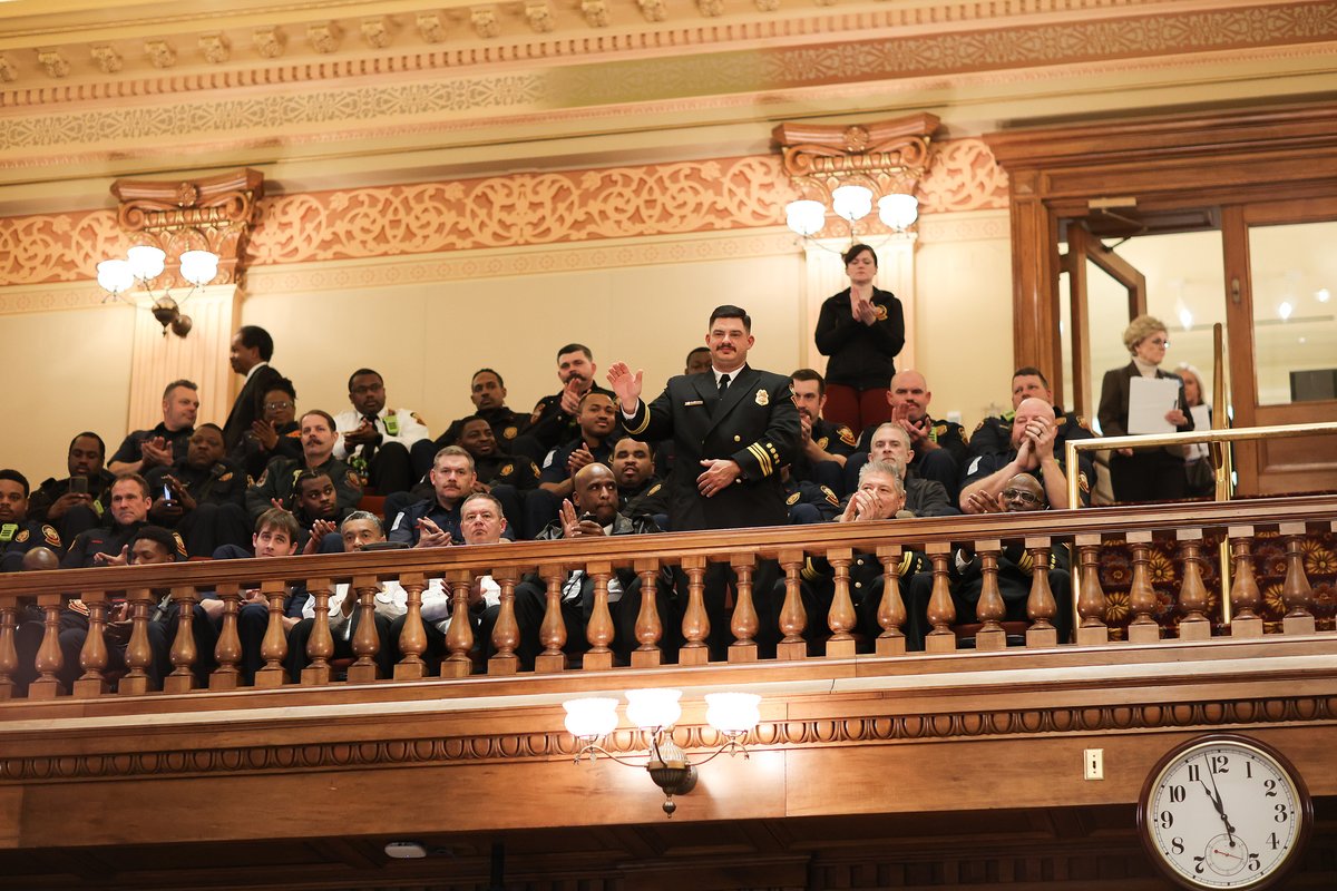 The Georgia State House honored @atlantafirerescue for their quick action and bravery displayed on January 17 while evacuating 50 people from a 20-story building in Midtown engulfed in flames , extinguishing it within minutes and receiving a standing ovation.  #OneSafeCity.