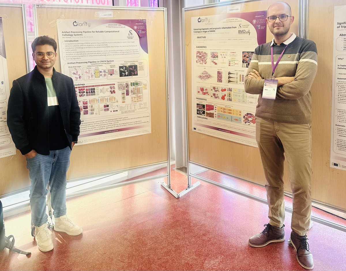BMDLabUiS's tweet photo. Our Ph.D. fellows Neel Kanwal and Saul Fuster Navarro presented their research  at the CLARIFY Final Conference, held in Valencia, Spain, from Jan 25-26, 2024. The conference held poster sessions to provide highlights for contributions made by BMD Lab members in the consortium. https://t.co/tIxVRxihJX