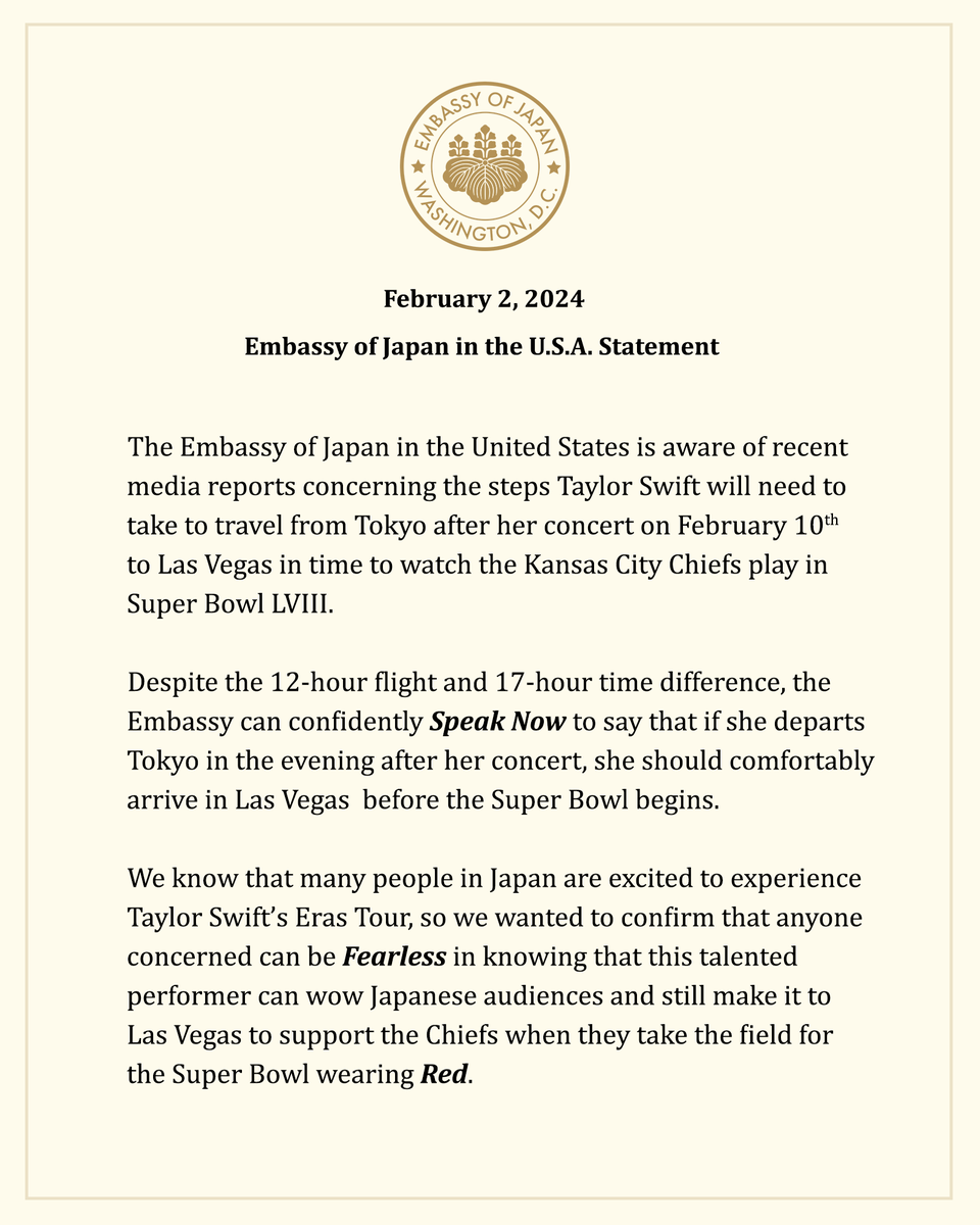 🇯🇵 Statement from the Embassy of Japan on Taylor Swift’s Reported Travel from Japan to the United States ✈️🏈 Are you ready for it?