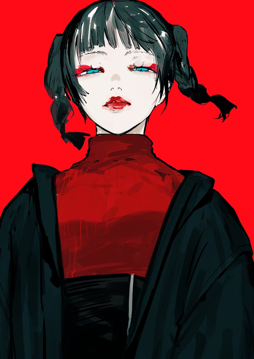 1girl red background solo simple background black hair turtleneck makeup  illustration images