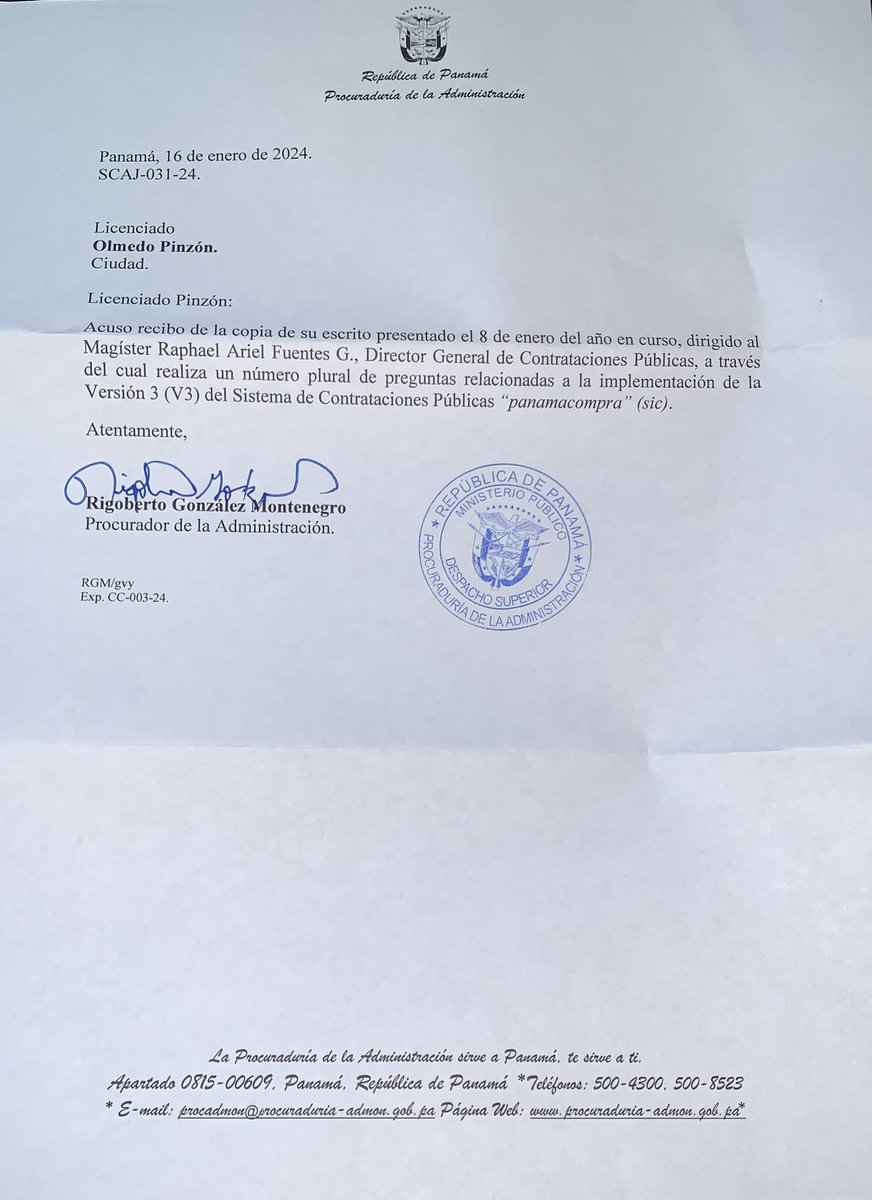 Acuse de recibo de la procuraduría de la admón de la consulta a la DGCP sobre la Versión 3 de panamácompra, el 5 de febrero se cumple el término para que contesten. <a href="/DGCPPma/">Dirección General de Contrataciones Públicas</a> <a href="/ANTAI_Panama/">ANTAI</a> <a href="/PGN_PANAMA/">Procuraduría General de la Nación</a> <a href="/focopanama/">Foco</a> <a href="/claraMENTEpana/">ClaraMENTE</a>
