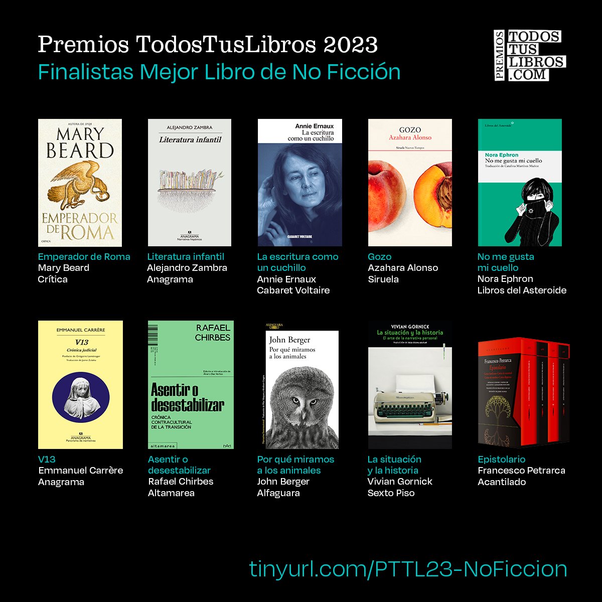 🏆📚 Seguimos con nuestras listas de finalistas a los Premios TodosTusLibros 2023. Hoy es el turno de la categoría 'Mejor Libro de No Ficción', 10 obras fantásticas que ya os hemos agrupado en una nueva estantería: 📌 tinyurl.com/PTTL23-NoFicci…