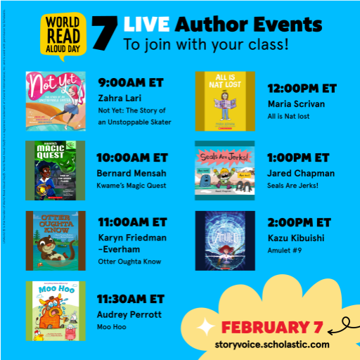 tccsapd's tweet image. Wednesday February 7, 2024 is World Read Aloud Day. Connect to one of their live Author Events. scholastic.com/worldreadaloud… @Wooster_TRT @BenSpieldenner