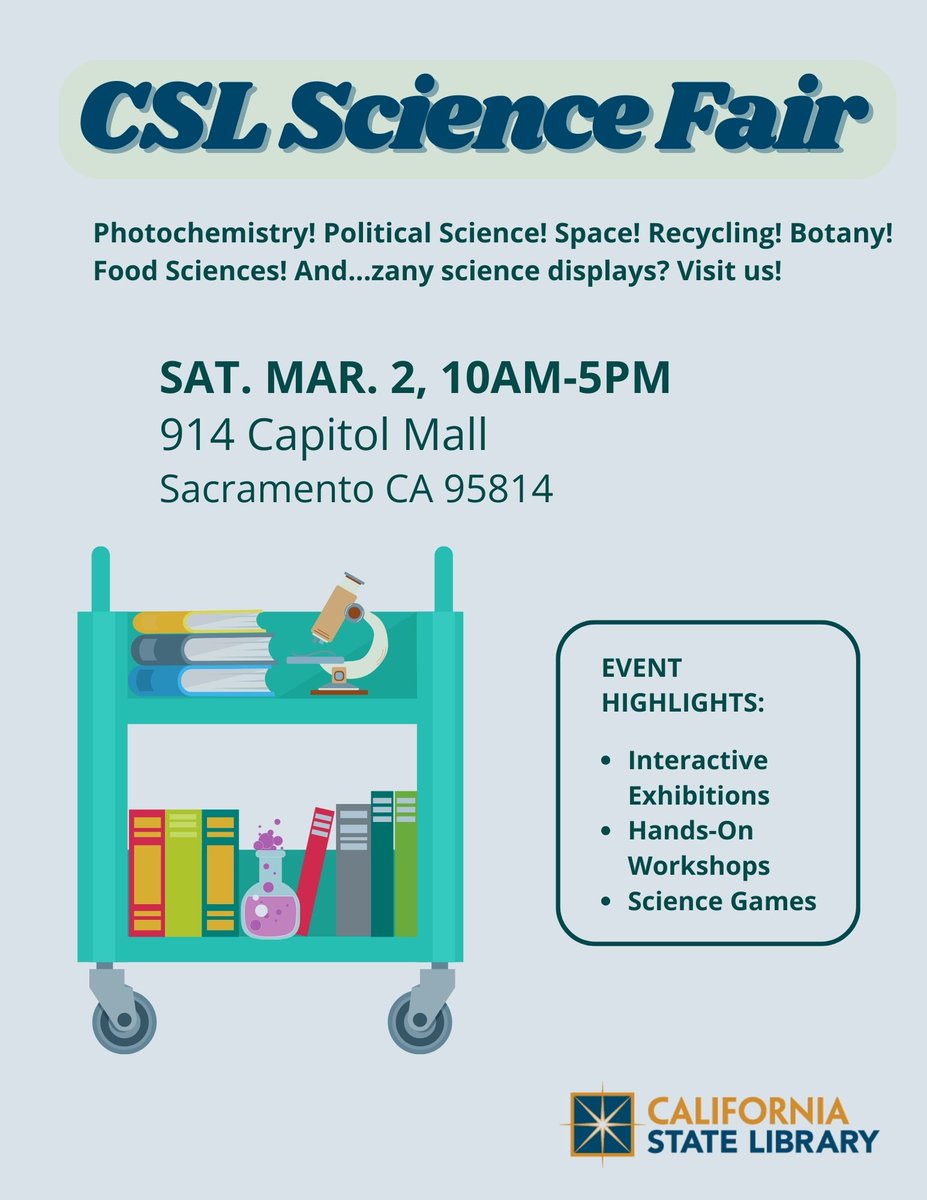 One week until Museum Day! Grab your lab coat and goggles for a thrilling CSL Science Fair featuring photochemistry, political science, space, botany, and more! 🚀 Find out more at SacMuseums.org/freemuseum The fun begins at 10 am at the 914 Capitol Mall Library. #SacMuseumDay