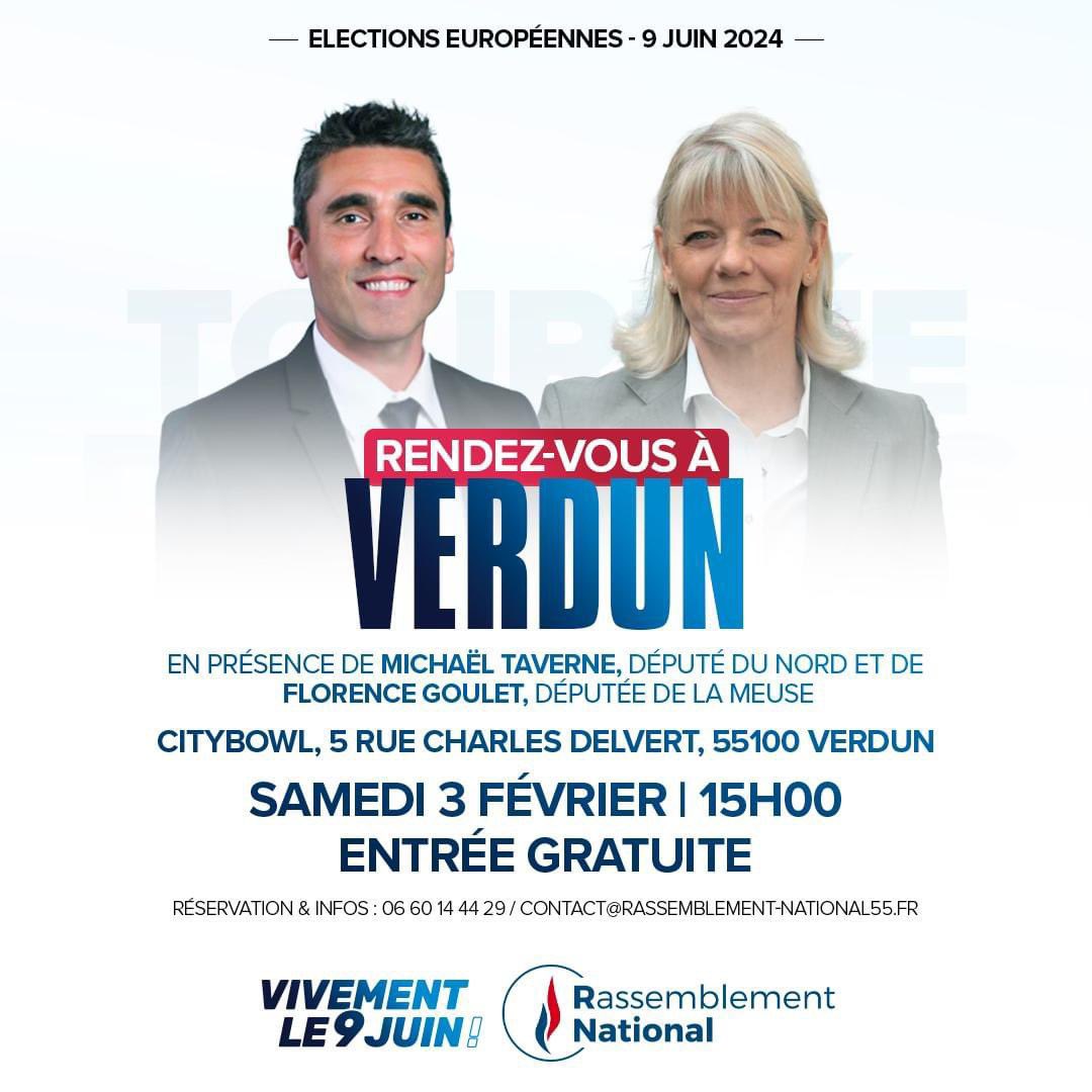 🇫🇷Je serai demain dès 15h00 au citybowl à Verdun (55) avec ma collègue Florence Goulet dans le cadre des élections européennes. N'hésitez pas à nous rejoindre ! 🚀

#VivementLe9Juin