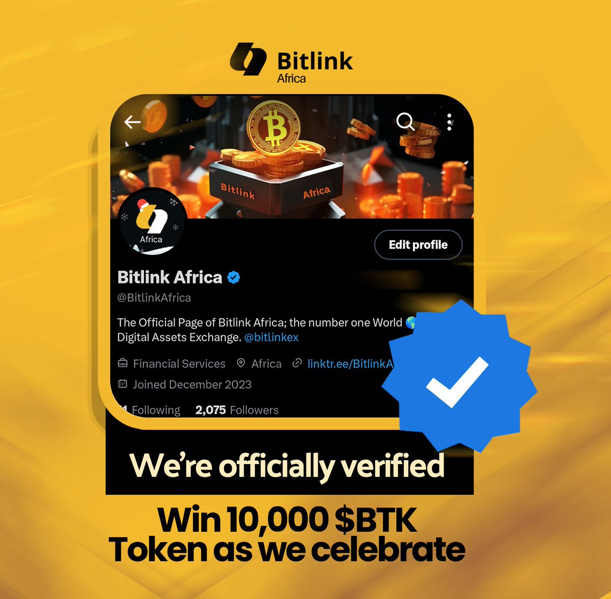 Exciting news, Bilinkers! 🌟 We've reached a milestone in the Africa space with 2000+ followers and marked our Twitter verification with a celebration - 10,000 $BTK Token giveaway! 🚀 

🏆 5 lucky winners will be chosen
📣 Duration: 72 hours
🔋 How to participate:
- Follow our