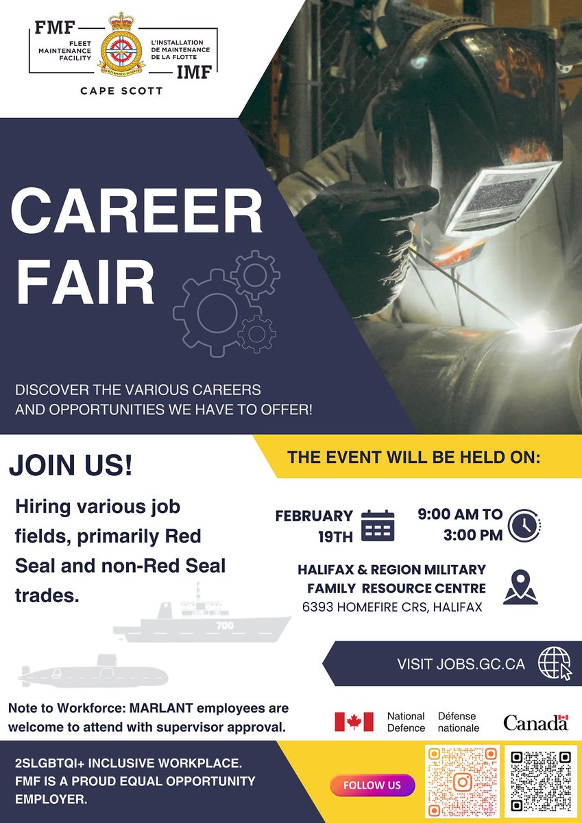 Mark your calendars: Fleet Maintenance Facility Cape Scott is hosting a career fair on February 19 from 9 a.m. to 3 p.m. at the Halifax & Region Military Resource Centre (6393 Homefire Crescent)! 

Info: facebook.com/CFB.BFC.Halifa…