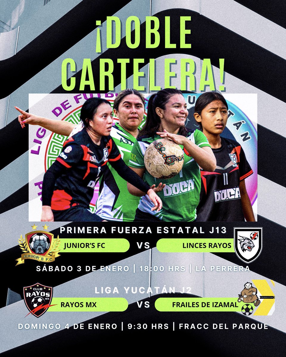 Rayosmxfem's tweet photo. 📸 ¡𝑳𝒍𝒆𝒈𝒐́ 𝒍𝒂 𝒅𝒐𝒃𝒍𝒆 𝒄𝒂𝒓𝒕𝒆𝒍𝒆𝒓𝒂!

➡️ Visitamos a Junior’s FC en la fecha 13 de la @primerafemenil. 🧨

➡️ Y después, Rayos MX Femenil recibe a la Frailes de Izamal en la J2 de #LigaYucatán. 👊🏻

📰 Checa LA CARTELERA COMPLETA. 😮‍💨

#SOMOSLINCESRAYOS https://t.co/mtoDJQwces