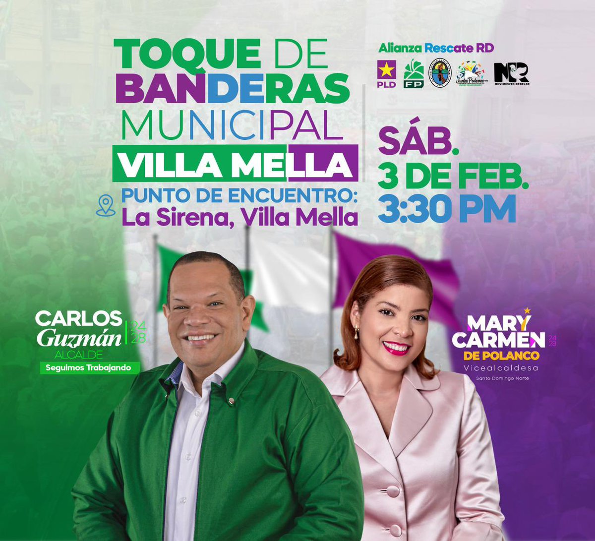 CarlosGuzmanDr's tweet photo. Fuerzistas, peledeístas, perredistas, mañana Sábado 3 de febrero, nos vemos en La Sirena de Villa Mella a partir de las 3:00 p.m. 

¡Lleva tu bandera o vestimenta verde, morada o blanca! 💚💜🤍

#CarlosGuzmánSigue #SDNSigueAvanzando 

#RescateRD 🟢⚪️🟣

#SeguimosTrabajando https://t.co/8jp2wUIuE9