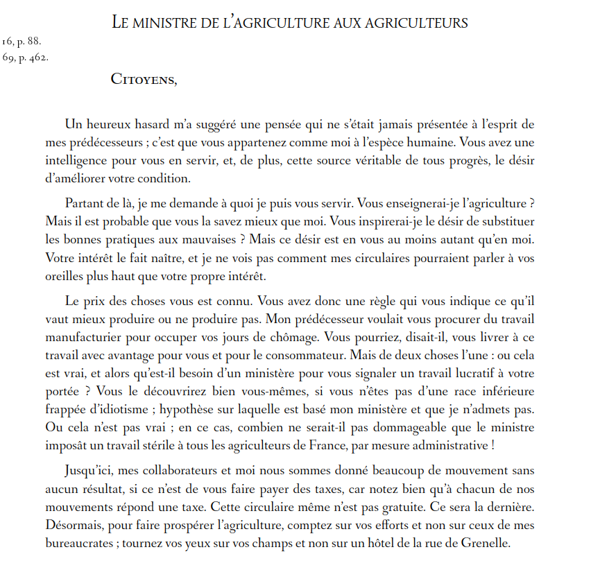 En 1848, Frédéric Bastiat avait imaginé la lettre qu'un ministre de l'agriculture devrait écrire aux agriculteurs.

Ca a (très) bien vieilli.

cc <a href="/MFesneau/">Marc Fesneau</a> <a href="/Agri_Gouv/">Ministère Agriculture et Souveraineté alimentaire</a>
#AgriculteurEnColere #blocageDeParis