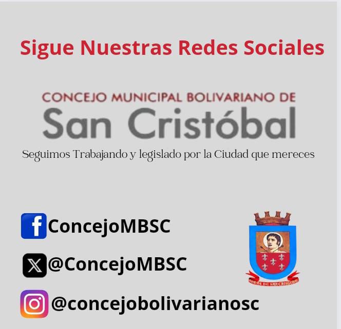 Desde el Concejo Municipal Bolivariano de San Cristóbal, los invitamos a seguirnos en nuestras redes sociales. 

Seguimos Trabajando y Legislando por la ciudad que mereces. 💛❤️💚