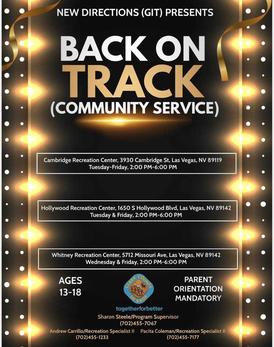 Are you looking for recreation centers that offer community service on the Eastside and central of Las Vegas? Look no further. Here are the updated locations, days and times! Contact me for more information! 

#BackOnTrack #ServiceToCommunity #NewDirectionsLV