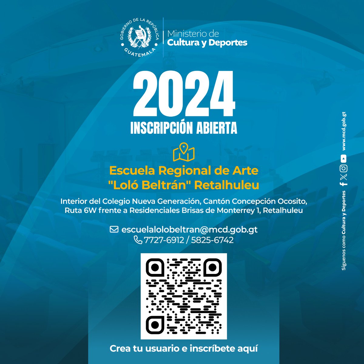 formarteGT's tweet photo. ¿Resides en Retalhuleu? 
Escanea el código QR, crea tu usuario e inscríbete gratis a la Escuela Regional de Arte "Loló Beltrán" en 2024. Más información ⬇️

#3milAñosRiquezaCulturalGT #CulturaMotorDesarrolloGT #FormarteGT #GuatemalaAvanza https://t.co/65agSxrAu1
