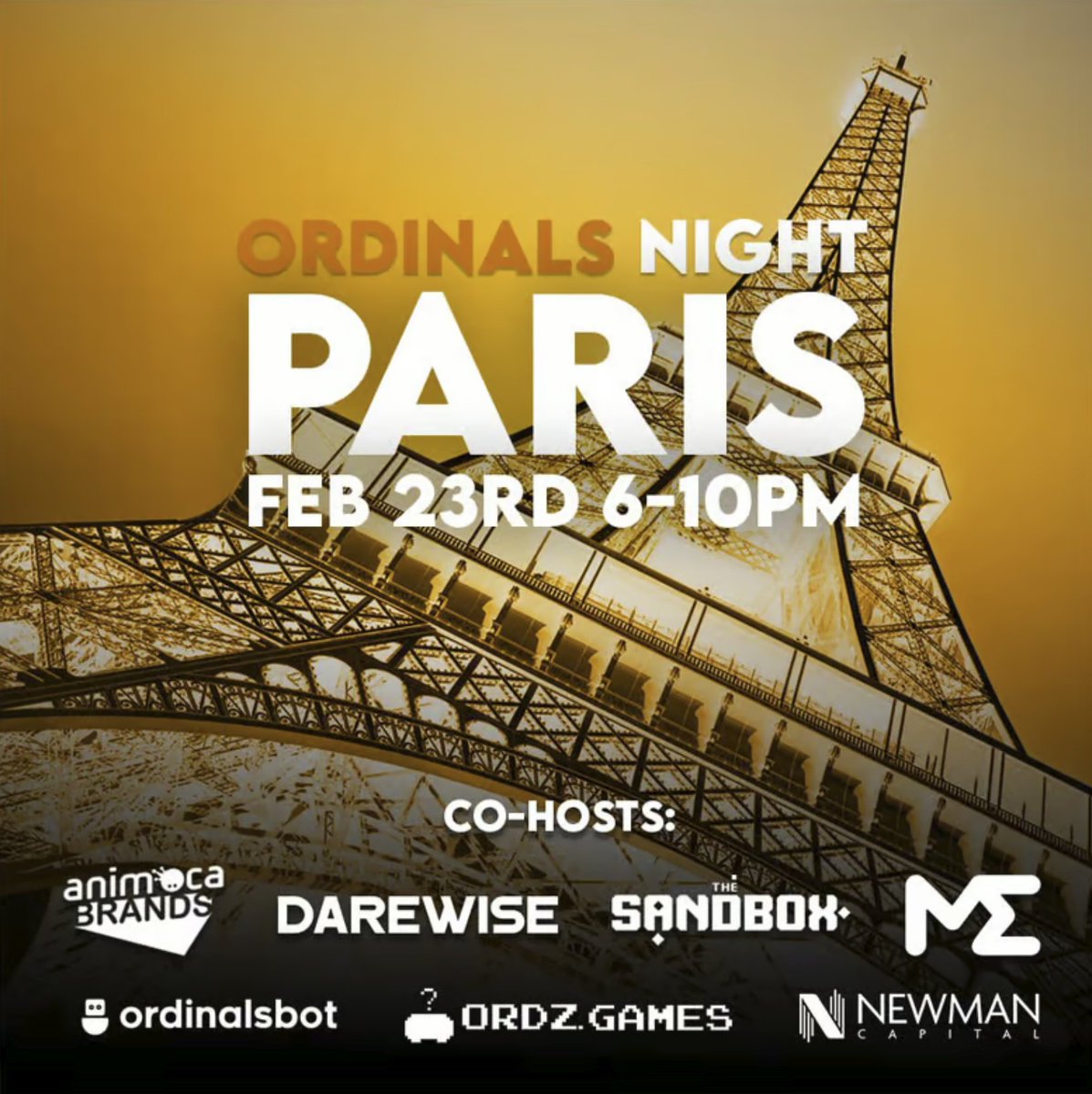 Ordinals Night is the perfect opportunity to network and learn from founders, investors, collectors in the ordinals space. 🤝 

With <a href="/animocabrands/">Animoca Brands▶️ #HongKongWeb3Festival 🇭🇰</a>, <a href="/Darewise/">Darewise 🟧</a> &amp; <a href="/MagicEden/">Magic Eden 🪄</a>  

Feb 23 - 6pm  

lu.ma/775udnxi