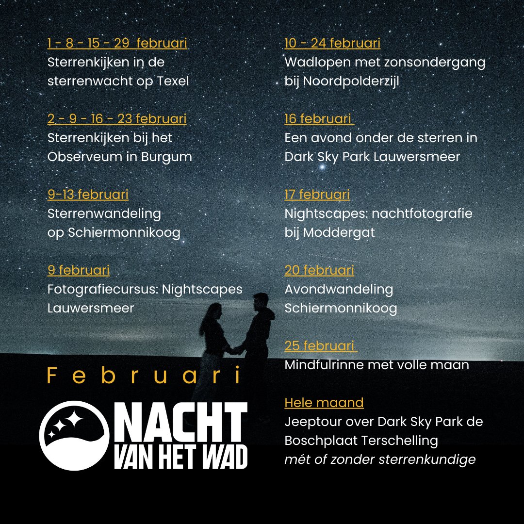 Heel veel sterrenkijken in Februari 🤩Bekijk en boek alle nachtactiviteiten in Februari via nachtvanhetwad.nl/activiteiten/
p.s. tussen 1 en 14 februari kun je ook meedoen aan de meetactie Sterren Tellen --> teldesterren.nl