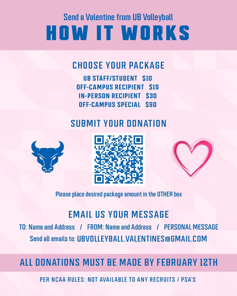 Valentine’s Day is approaching so make your special someone feels all the LOVE this season💘

Just scan the QR code and follow the steps provided! All donations go straight to UB Volleyball 🤘💙 #UBVB #GoBulls