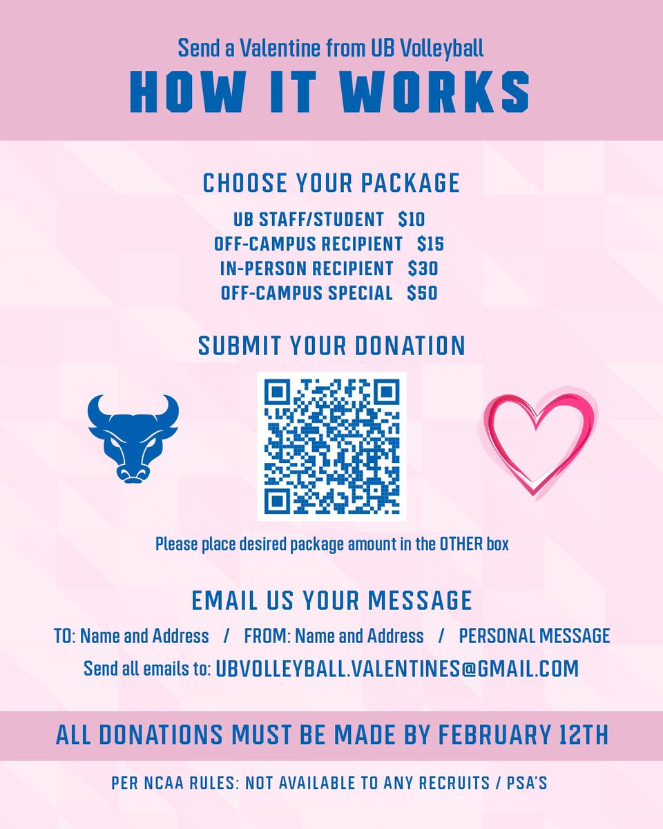 ubvolleyball's tweet photo. Valentineโs Day is approaching so make your special someone feels all the LOVE this season๐
Just scan the QR code and follow the steps provided! All donations go straight to UB Volleyball ๐ค๐ #UBVB #GoBulls https://t.co/4eLoXltpTb