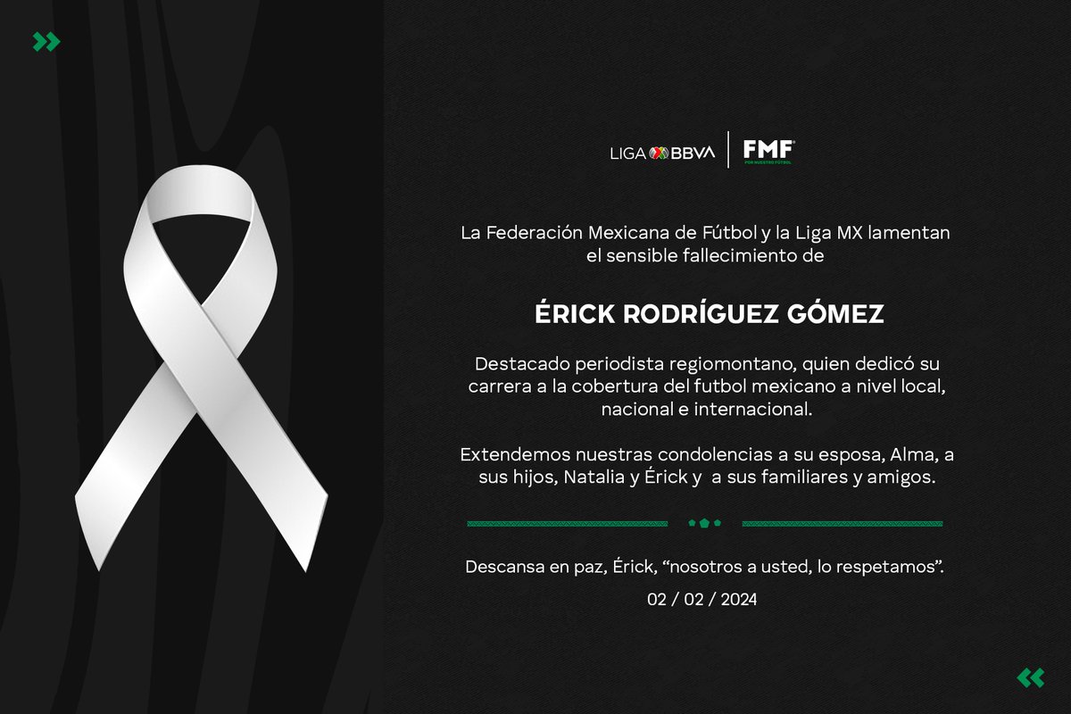 FMF's tweet photo. Lamentamos mucho el fallecimiento de Érick Rodríguez, una sensible pérdida para el periodismo deportivo.

Nos unimos a la pena de sus amigos y familiares. https://t.co/8zi7Joeftb