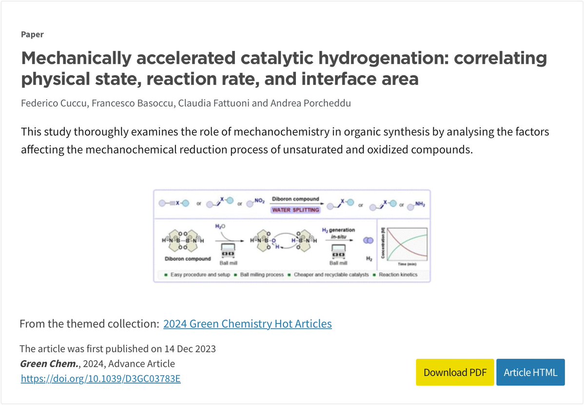 Editors have selected our article as a 2024 HOT Green Chemistry article. Mechanochemistry and Green Chemistry feel at home in Cagliari. 

pubs.rsc.org/en/journals/ar…