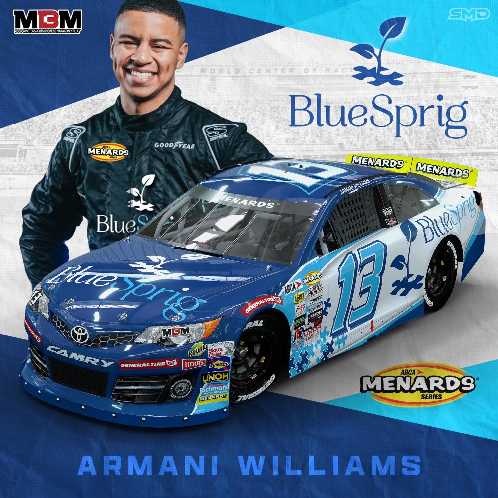 ArmaniWilliams_'s tweet photo. Breaking News! I am super stoked to get the call to pilot the #13 BlueSprig Toyota for MBM Motorsports at Daytona in the ARCA Menards Series on Feb. 17th. Thank you @BlueSprigAutism and @MBMMotorsports for this opportunity. #BlueSprig #MBMMotorsports #ARCA #VisitMesa #Autism https://t.co/TNSJGP9UGF