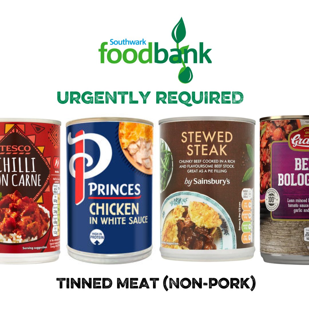 URGENTLY REQUIRED at Southwark Foodbank…Non-Pork Meat. We would like to remind our supporters they can donate food via collection points in shops & community spaces. For more information & for donation drop off points >> southwark.foodbank.org.uk/give-help/dona… bankuet.co.uk/southwark