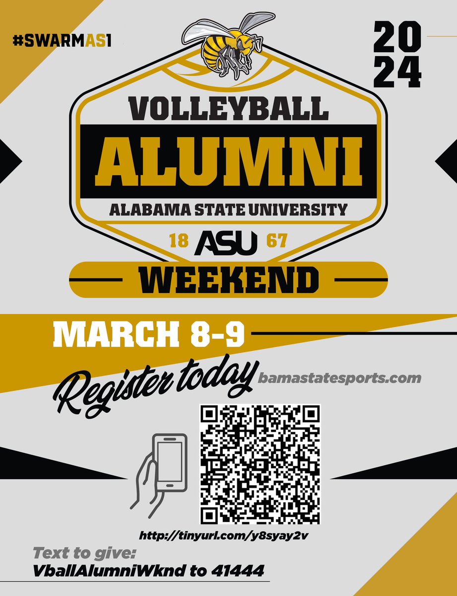 BamaStateSports's tweet photo. Hey Bama State volleyball alumni it’s your time to sign up for alumni weekend. 

Scan the QR code below for more information and to register. 

#SWARMAS1 https://t.co/JuZa9bLuc5