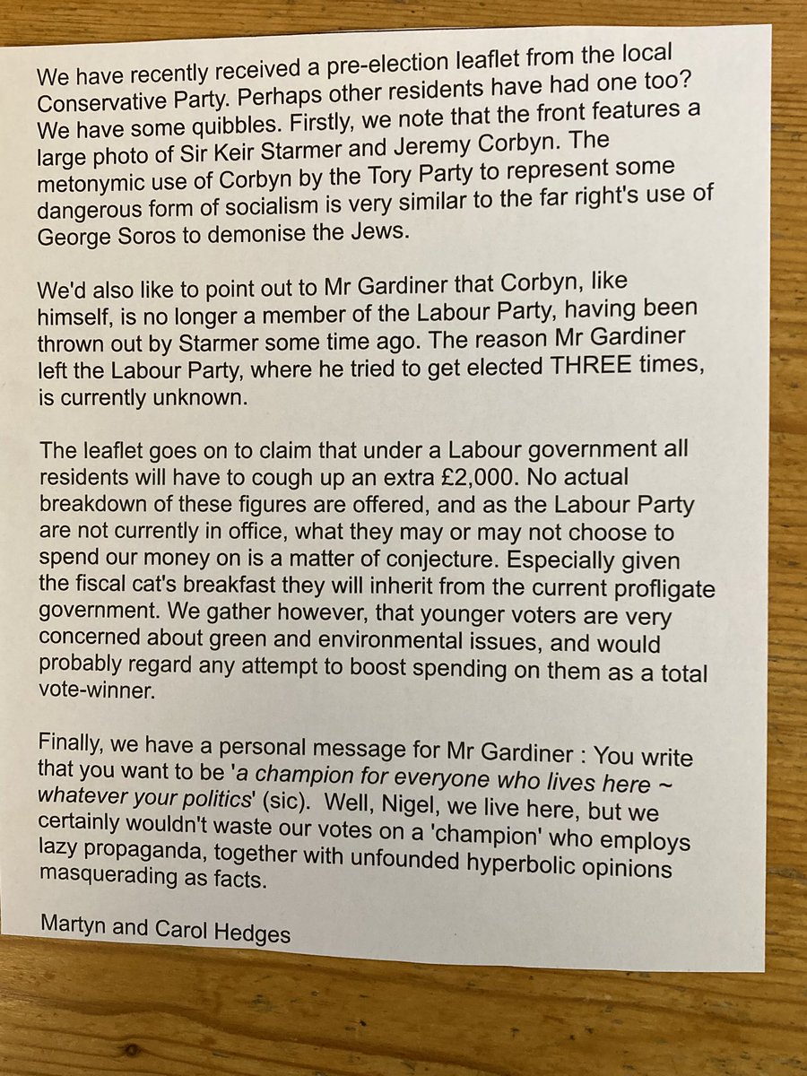 😡😡😡😡😡😡😡
Our response (sent to local paper) to the local Conservatives pre-election leaflet pushed through our letterbox today.

Far better than just returning it!

(we headed it ‘Tory Impropaganda’)

#GeneralElection2024 #torypropaganda