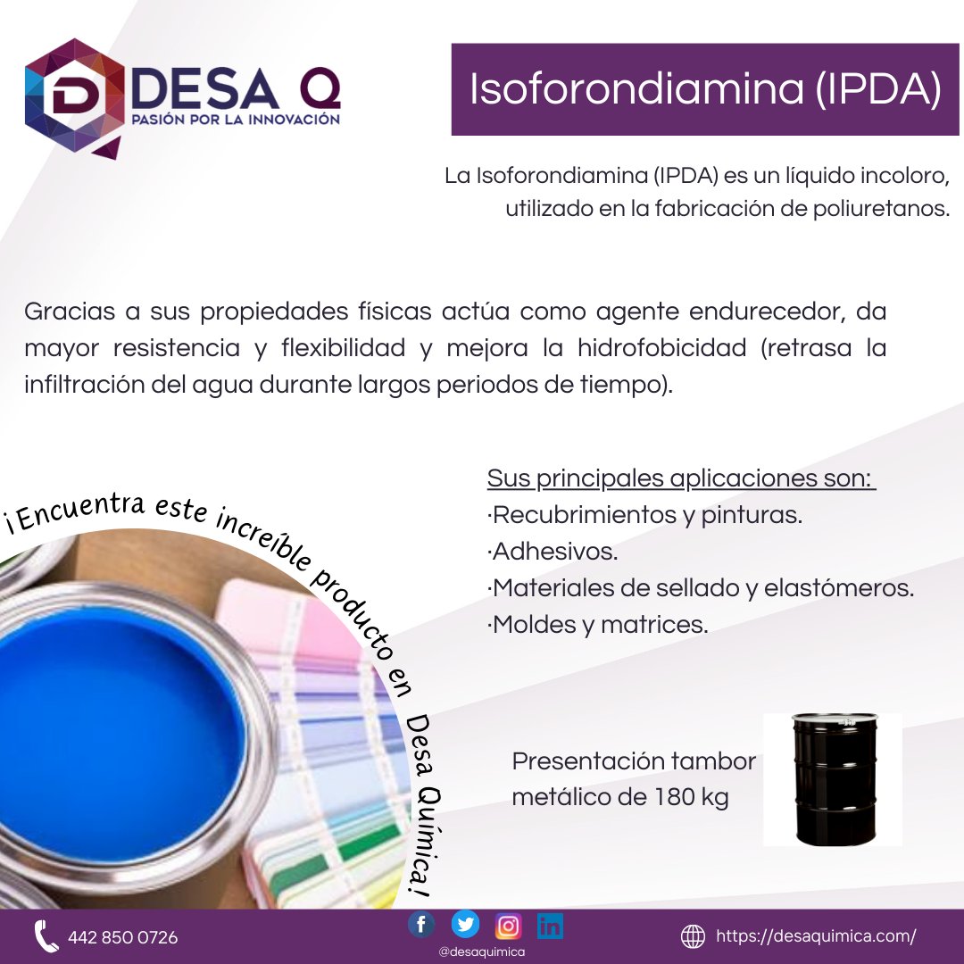 DesaQuimica's tweet photo. Ahora que conoces más sobre los beneficios de la Isoforondiamina (IPDA), nosotros podemos apoyarte con una cotización.

En Desa química encontraras este y otros productos para tu empresa, al mejor precio y con la mejor calidad. ¡Con gusto te atenderemos! https://t.co/MOb3SDbqds