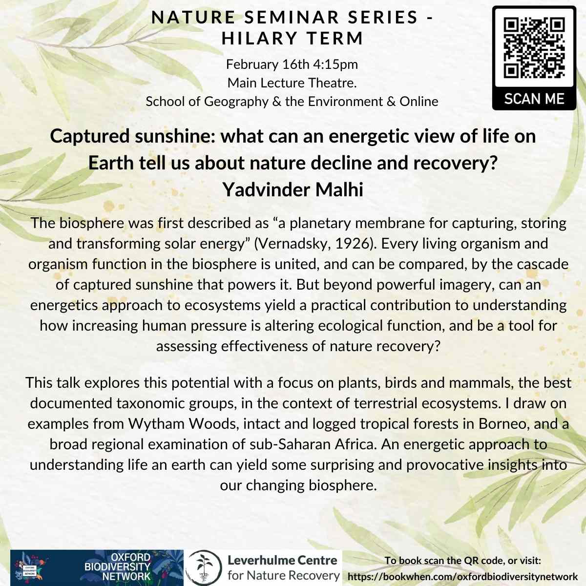 Join us on Feb 16th when @ymalhi will discuss if an energetics approach to ecosystems can yield a practical contribution to understanding how increasing human pressure is altering ecological function, & be a tool for assessing nature recovery. Register: tinyurl.com/42epj3dv
