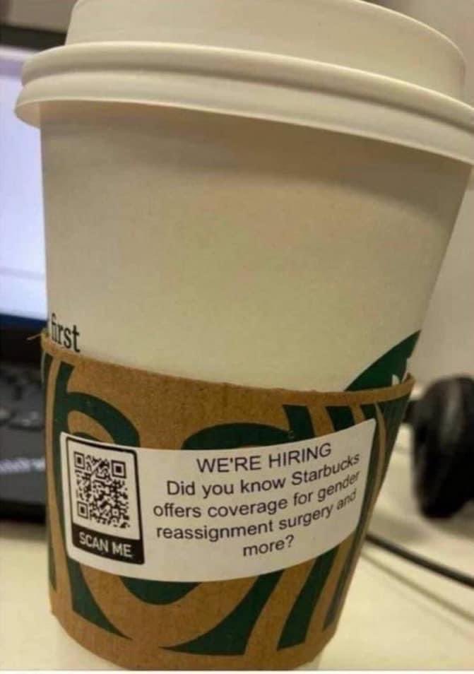 DocReichenbach's tweet photo. ✂️ If you have a deep seated psychological inkling to “join the resistance” our friends at Starbucks will help you get there!
#starbucks #liberals #virtuesignal #trans #gendersurgery #mentalhealth https://t.co/XYpcaDgT0o