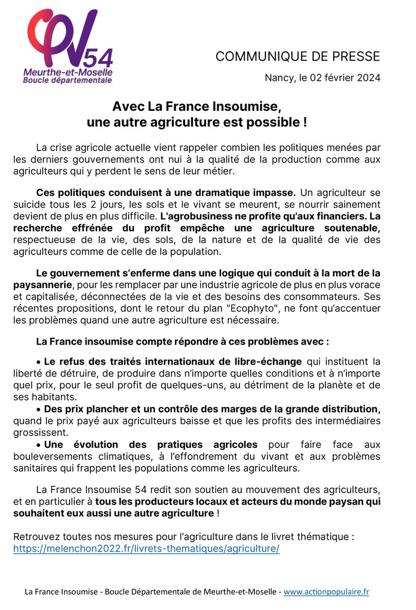 Face à une crise qui dure depuis des années, La France Insoumise 54 rappelle qu'une autre agriculture est possible. Nous restons à l'écoute du monde agricole !
Nos propositions pour l'agriculture et l'alimentation sont lisibles ici : melenchon2022.fr/livrets-themat…