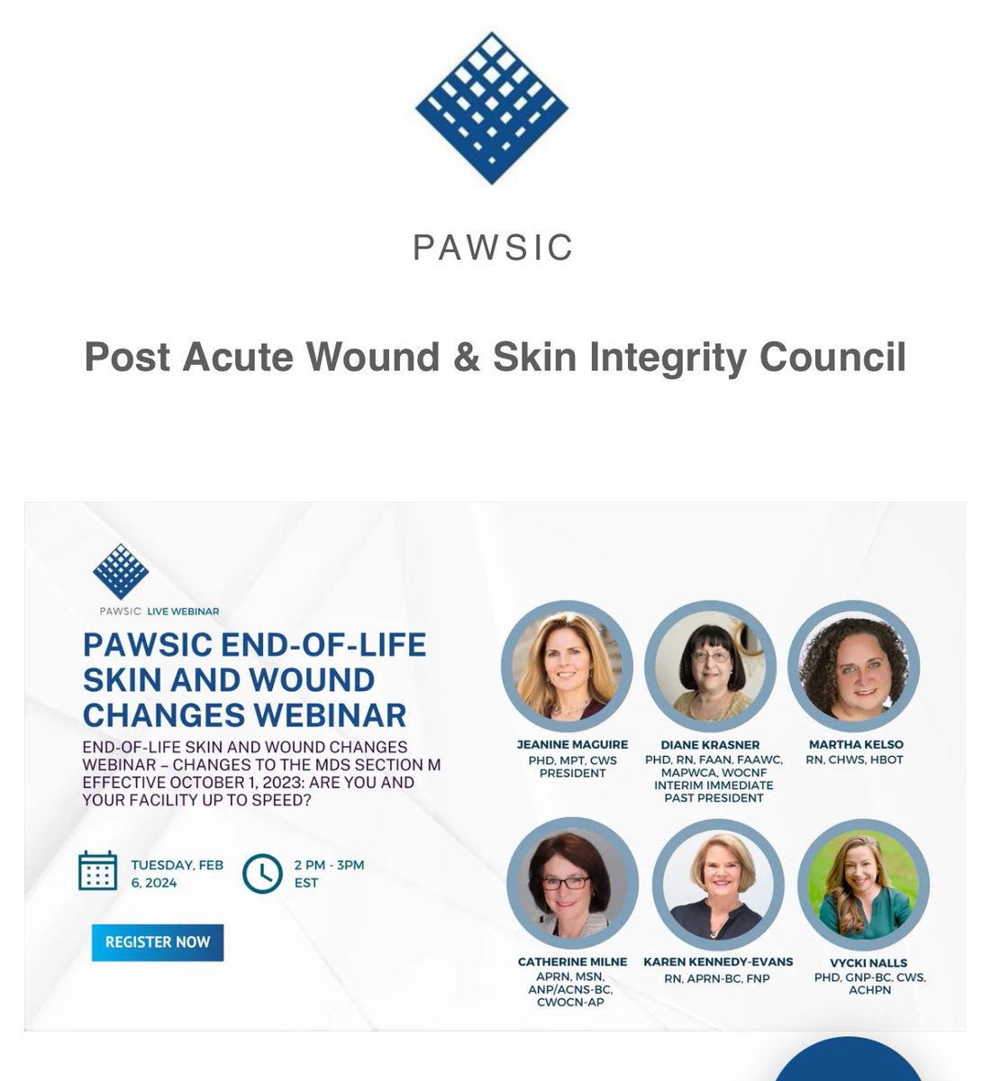 VyckiGNP's tweet photo. Free webinar with wound experts on end of life skin/wound changes and MDS

PAWSIC Webinar on End-of Life Skin  https://t.co/1245g0z731 https://t.co/8uE9yXjtUc