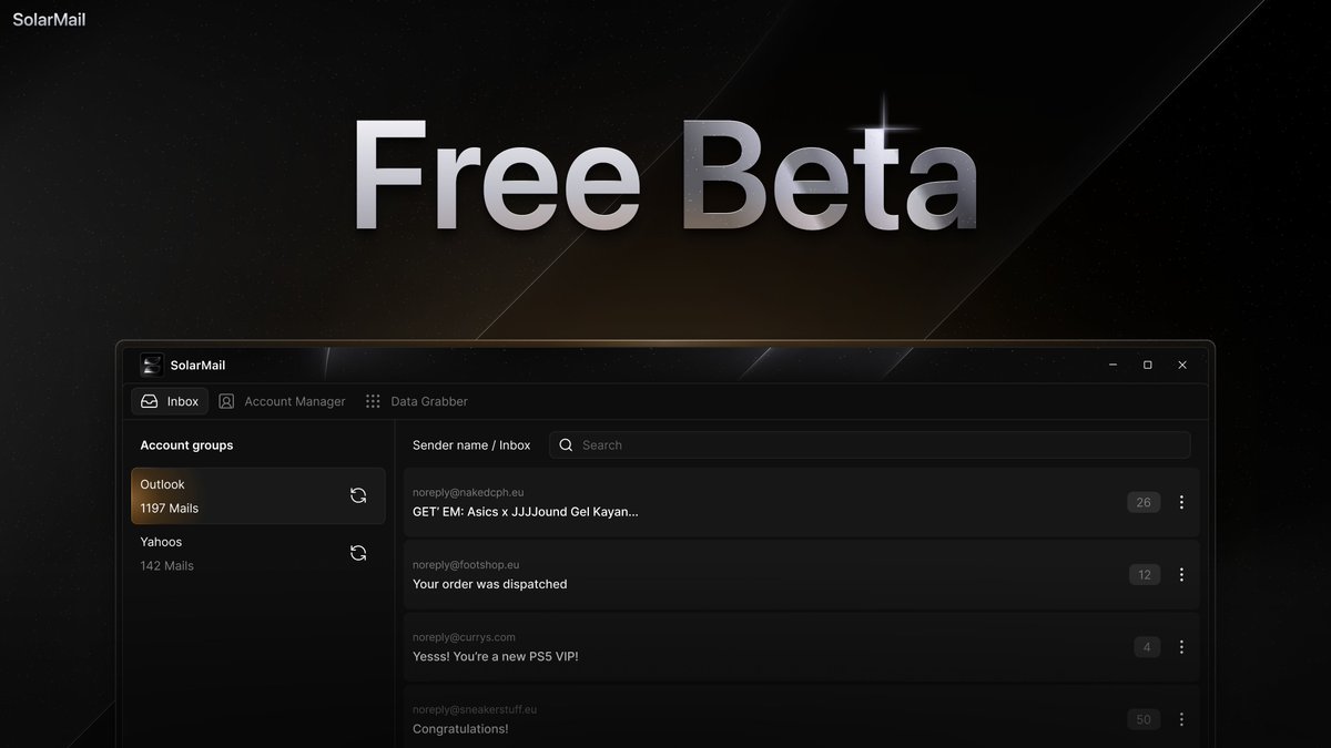 Free Beta Launch ✨

Starting today we invite everyone to test SolarMail.

SolarMail is the unltimate Inbox tool for handeling thousands of email accounts at once 🔥

whop.com/solarmail