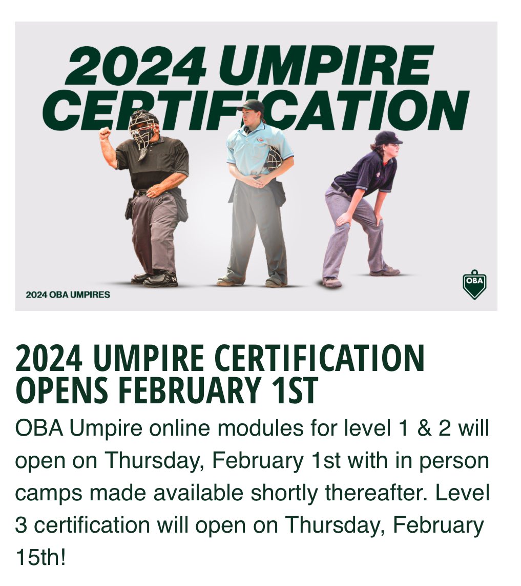 Umpire Certification is now open! Looking forward to seeing all of our returning umps and meeting some new ones! Awesome summer job with great pay and flexibile scheduling! 

Email stouffvilleumpires@gmail.com

playoba.ca/umpire-certifi…