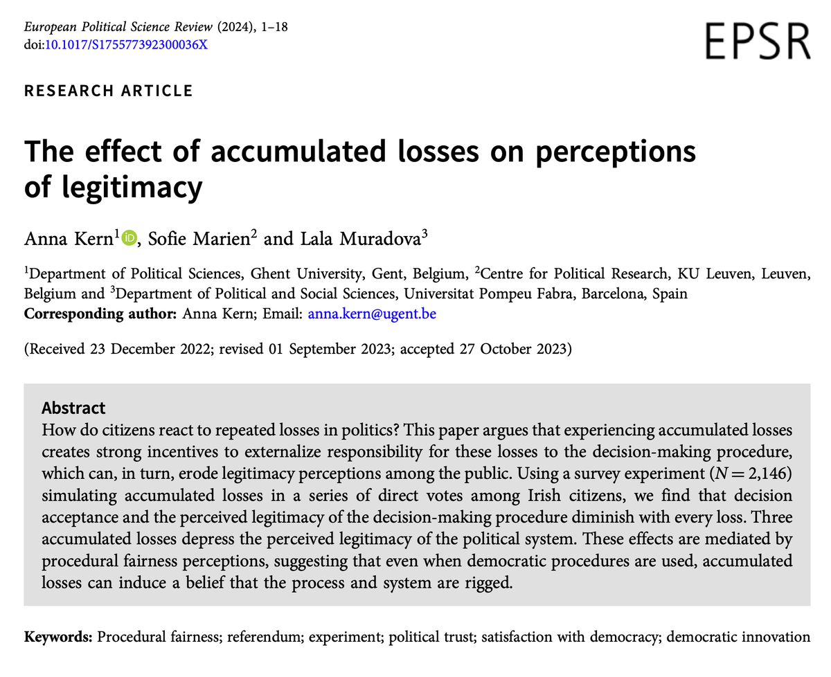 Ross_Dahlke's tweet photo. Repeated political defeats diminishes the perceived legitimacy of the process with every loss; after three defeats, people's perceived legitimacy of the political system drops, finds @anna_a_kern @_SofieMarien @LalaHMur in @EPSRjournal https://t.co/1hLQefyT44 https://t.co/acG1ELCa7U