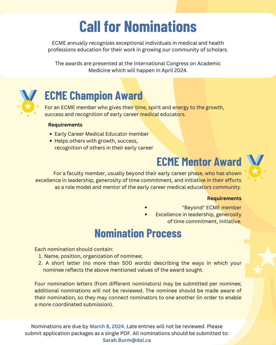 It's that time of the year again! @ECMEcan's call for nominations for the Champion and Mentor Awards is now open. Please consider nominating a deserving individual or sharing this call with others in the #MedEd community.