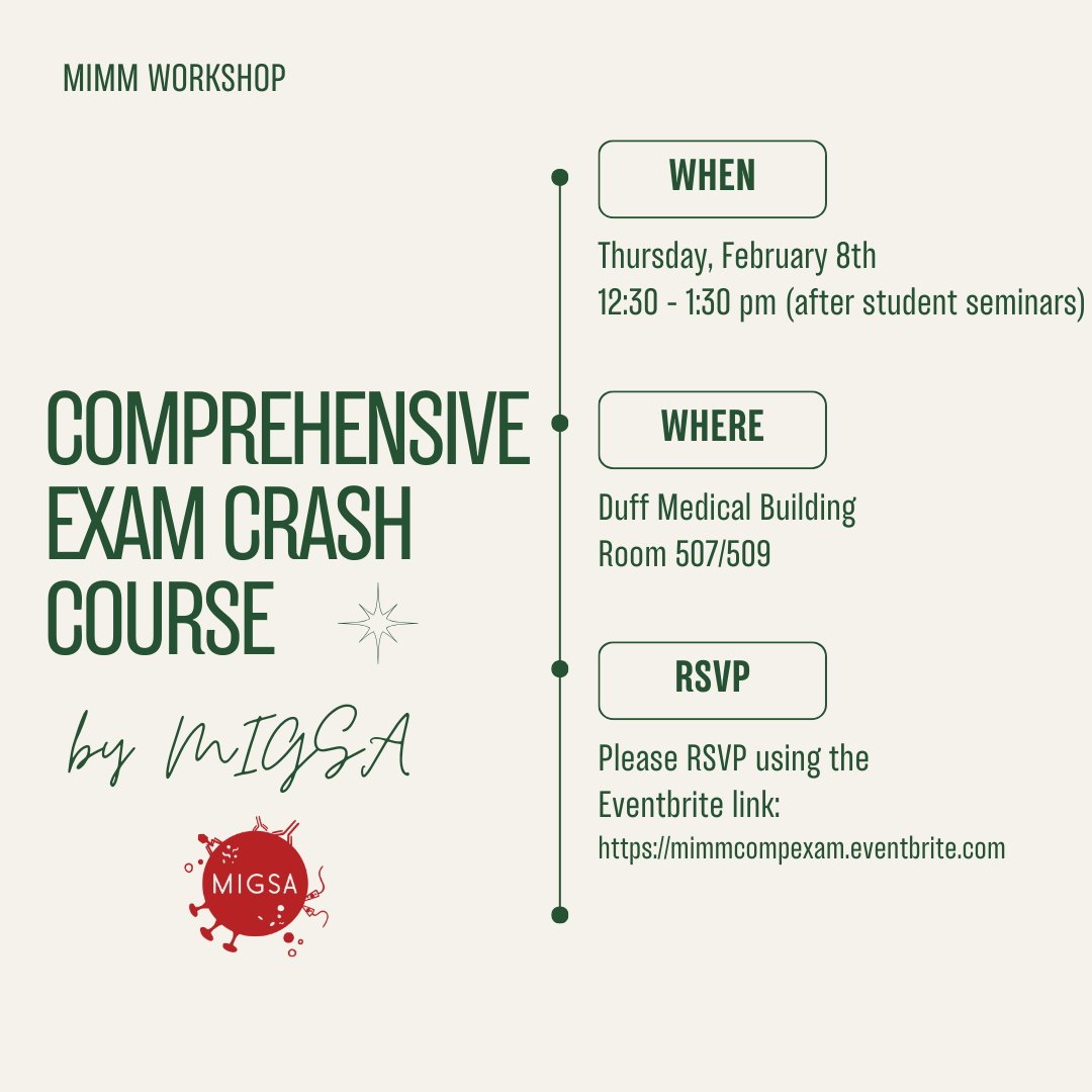 Want to feel like you've started preparing for your comprehensive exam without actually studying? Join us for a workshop on how to prepare for your comprehensive exam on February 8th after the student seminars in room 507/509. Registration here: eventbrite.ca/e/migsa-presen…