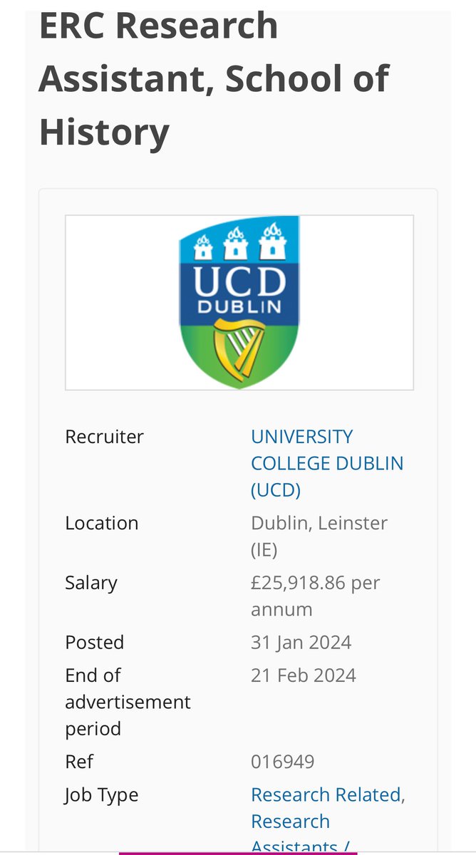 We are hiring! Come join our @CivilWars_ERC team at @ucddublin and work on the European civil wars (1917-1949). 

We recruit two Research Assistants in Irish and Finish history.
Deadline: 21 February 2024

#Job #AcademicJob 

timeshighereducation.com/unijobs/listin…

timeshighereducation.com/unijobs/listin…