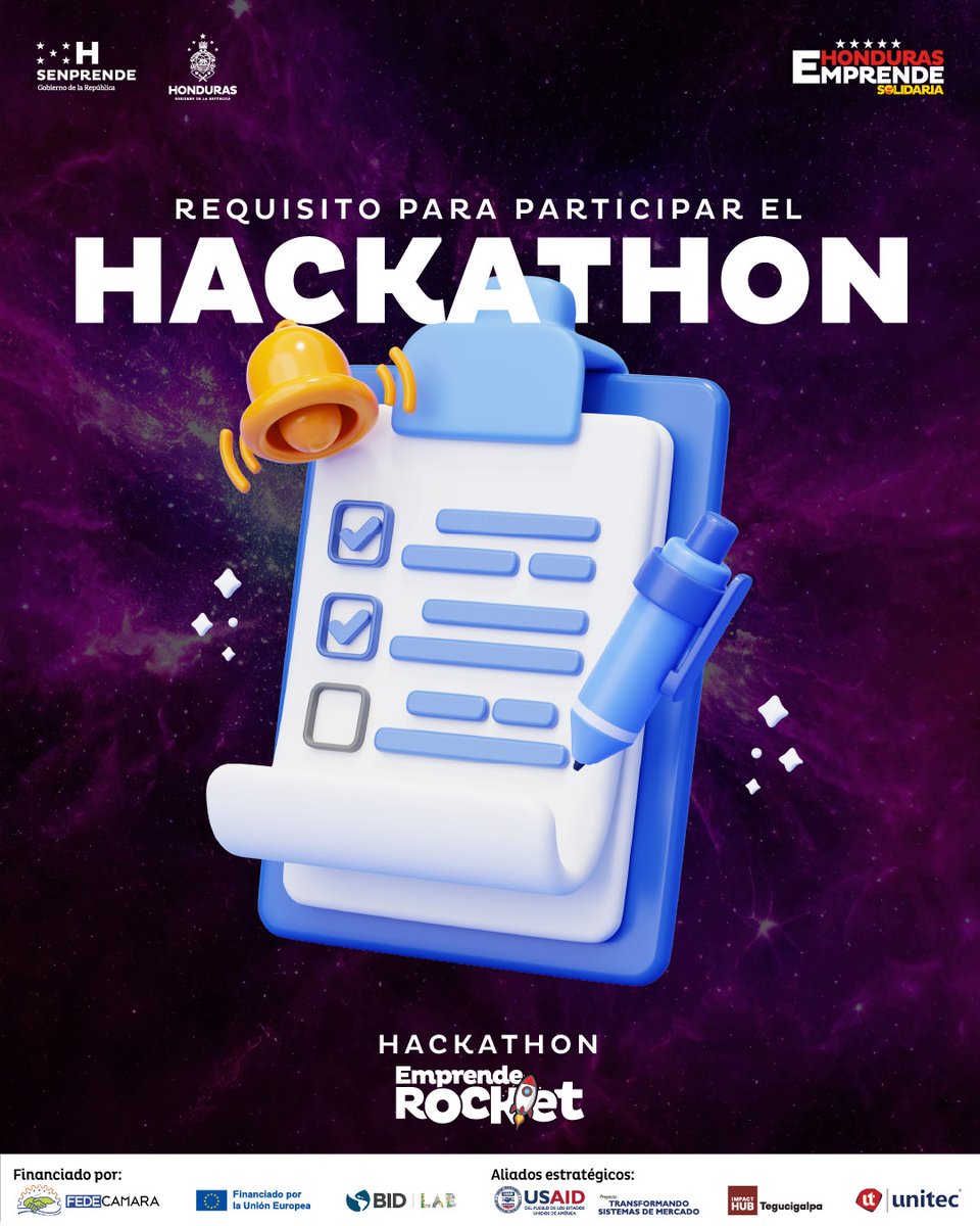 impacthubTGU's tweet photo. ¡Desata tu creatividad en el Hackathon de Emprende Rocket! 🚀 

🔐 ¡Inscríbete ahora! Forma tu equipo (mínimo 2, máximo 3 personas) y regístrate antes del 12 de febrero en: https://t.co/jJm74nDsuP

📍 UNITEC Campus de San Pedro Sula
🕒 Día 1: 9 AM - 7 PM | Día 2: 8 AM - 12 PM https://t.co/5jmcSh2xhQ