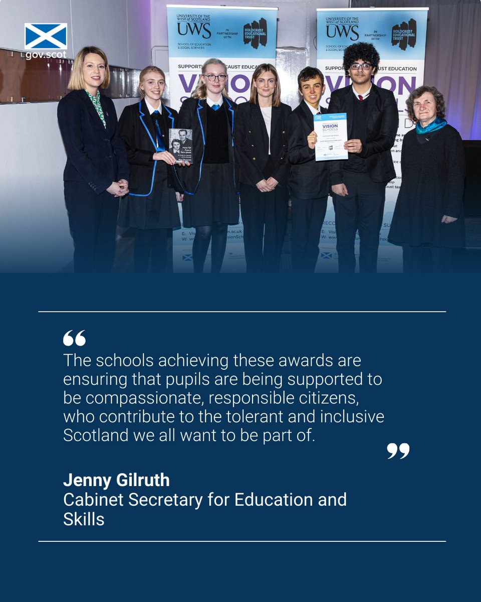 Thirteen Scottish schools have received awards from <a href="/VisionSchools/">Vision Schools</a> recognising their good practice in Holocaust education.
 
The schools were presented with their awards by Education Secretary <a href="/JennyGilruth/">Jenny Gilruth</a> at an event this week.
 
Find out more ➡️ bit.ly/48QgiTv