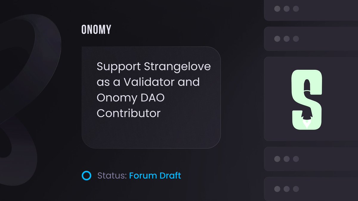 OnomyProtocol's tweet photo. Excited about the prospects of @strangelovelabs joining as a validator and DAO contributor ✨

Pending community feedback, they will:
👉🏼 Run a validator
👉🏼 Provide technical support
👉🏼 Assist with IBC
👉🏼 Write interchain tests

Read the proposal here ⬇️

https://t.co/Ws9ud6CUOj https://t.co/QQgzqhlLrN