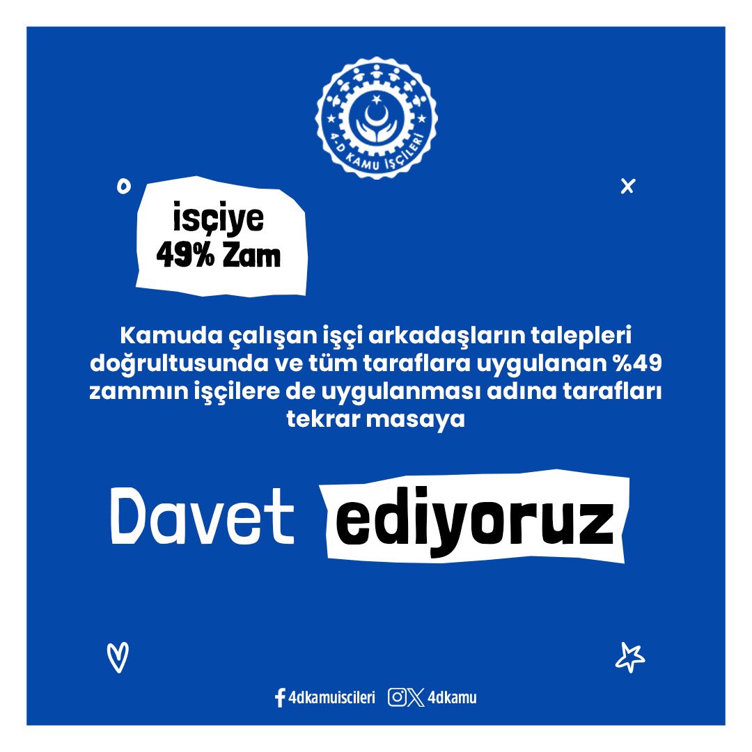 Kamuda çalışan işçi arkadaşların talepleri doğrultusunda ve tüm taraflara uygulanan %49 zammın işçilere de uygulanması adına tarafları tekrar masaya DAVET EDİYORUZ !!!
<a href="/dbdevletbahceli/">Devlet Bahçeli</a> <a href="/isikhanvedat/">Prof. Dr. Vedat Işıkhan</a> <a href="/turkiskonf/">TÜRK-İŞ</a> <a href="/hakiskonf/">HAKİŞ KONFEDERASYONU</a> 
 #Refahprotokol49