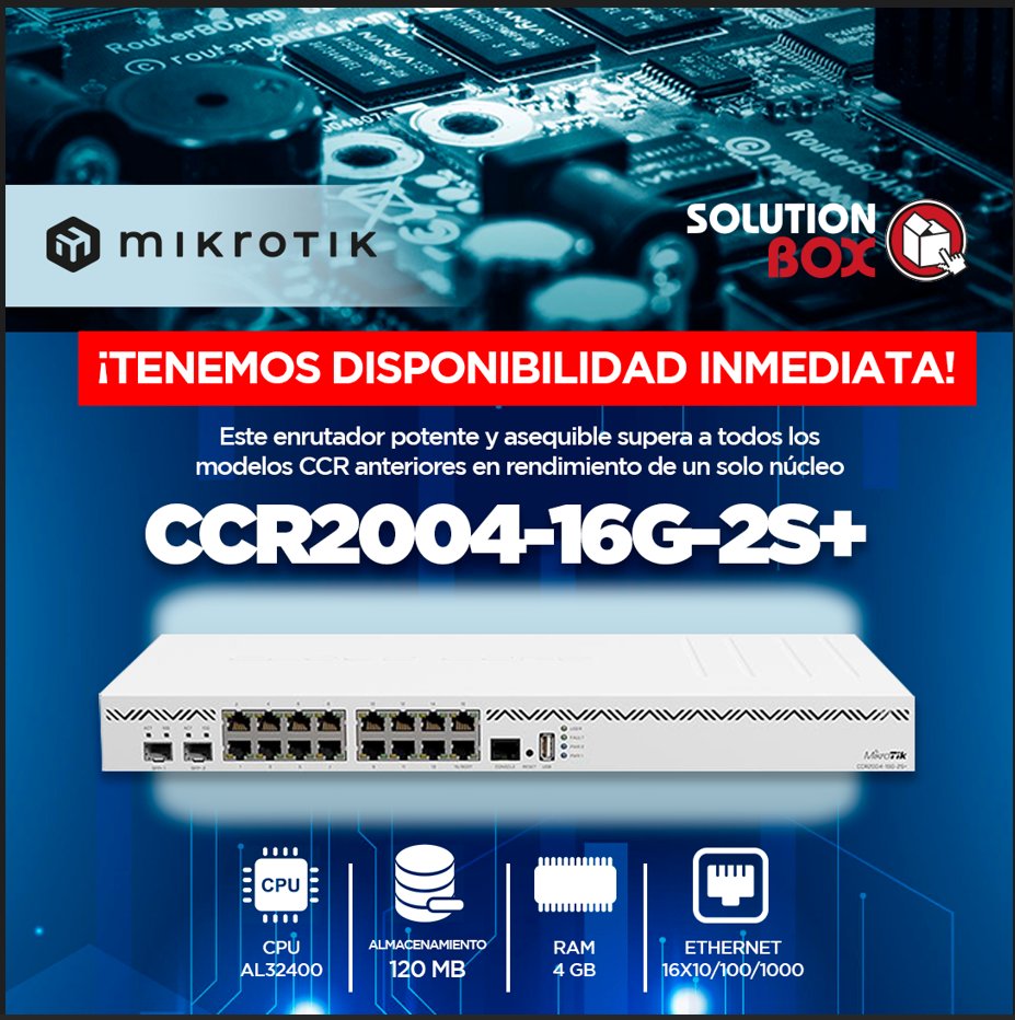 ¡Potencia y rendimiento se fusionan con el enrutador CCR2004-16G-2S+ de MikroTik! 🚀 Experimenta la revolución en conectividad con entrega inmediata, disponible en las oficinas de Solution Box.
¡Contacta a tu vendedor y asegura el tuyo! 📧 Oscar_Diaz@solutionboxusa.com