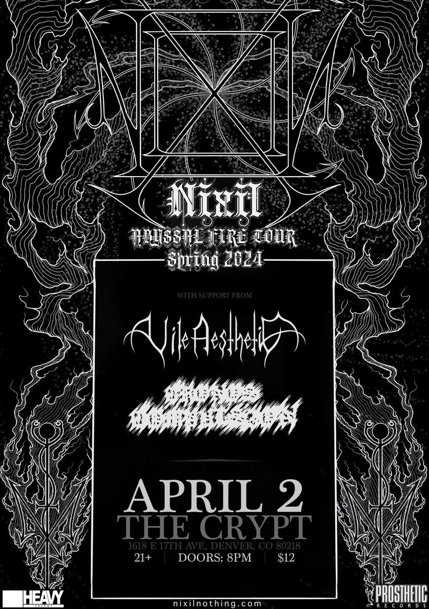 VileAesthetic's tweet photo. After our visit to New Mexico, we'll be hitting Denver this April to support the dark artistry of @nixilnothing (Prosthetic Records).

Join us at The Crypt.

#blackmetal #usbm #denvercolorado #horror https://t.co/XyfQr05YRD