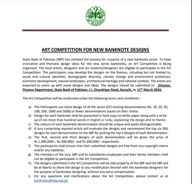 Murshad_Ge_'s tweet photo. #SBP Launches an Art Competition for new banknotes design. Artist Designer and art Students can send their design to SBP by Mar11 2024.
Prize of Rs.1,000,000/-, Rs.500,000/- and Rs.300,000/-
1st, 2nd & 3rd for each denomination .
#SBPbanknotes https://t.co/219WeB6BjQ