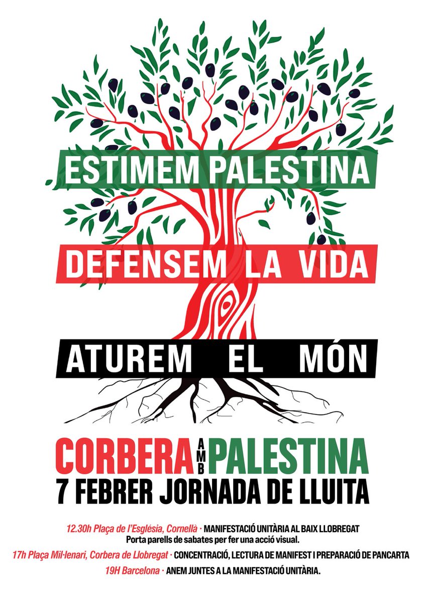 Dimecres 7 de febrer durem 4 mesos de genocidi perpretat per Israel i no volem seguir com si no passés res. Des de #Corbera us animem a secundar les aturades laborals i us convoquem a les 17:00 a la plaça del Mil·lenari i baixem juntes a la manifestació de Barcelona.
