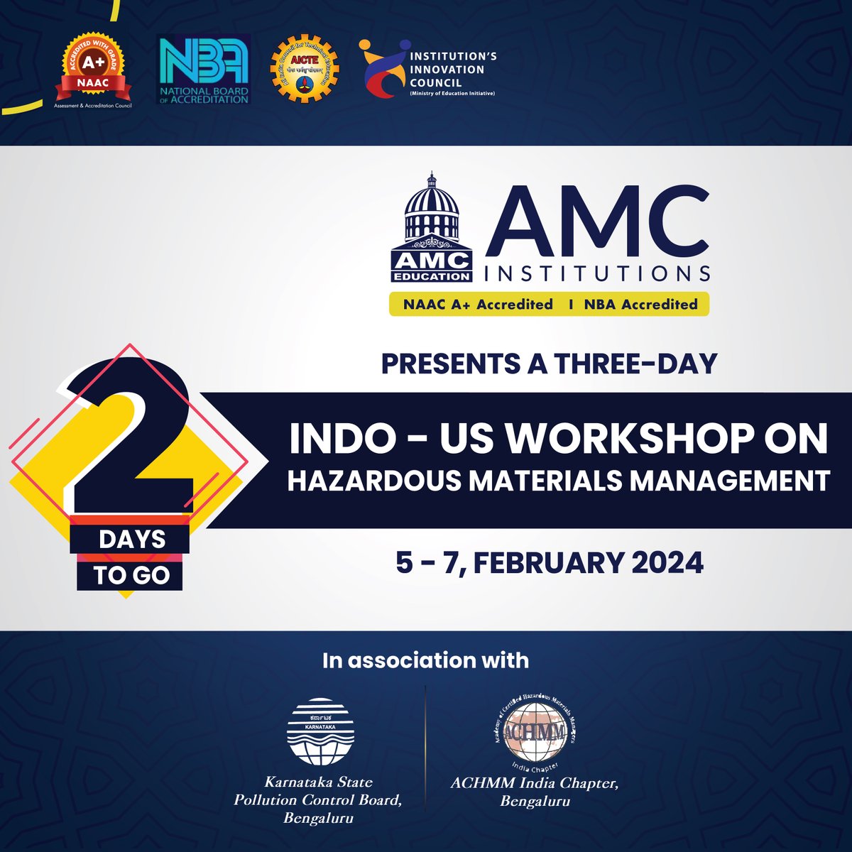 amcinstitutions's tweet photo. Gear up for a cross-border knowledge exchange at the Indo-US Workshop on Hazardous Materials Management, hosted by AMC Institutions from February 5th to 7th, 2024. 
#hazardousmaterials
#workplacesafety
#environmentalprotection
#industrialsafety
#safetystandards
#toxicmaterials https://t.co/S81QnzxJCM