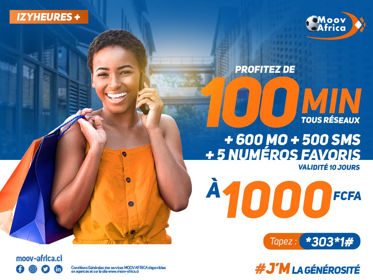 Moovafrica_CIV's tweet photo. Quand on parle de générosité c'est Moov Africa CI qu’on voit hein !!! 🤩🤩

Profite de 100 Min Tous réseaux + 600 Mo+ 500 SMS +5 Numéros Favoris, et tout ceci à seulement 1000 F CFA. 😎
Validité 10 Jours.

Tapez *303*1#
#JMMoovAfricaCI #JMLagénérosité
#causons https://t.co/d1PD4Y7cKZ