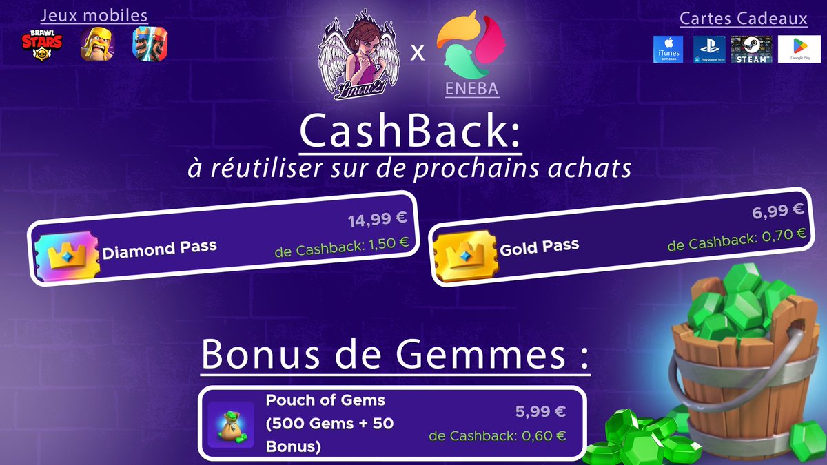 La nouvelle saison #ClashRoyale arrive bientôt ,
Et vous allez enfin pouvoir me soutenir !

1️⃣Créer votre compte <a href="/EnebaFr/">Eneba_FR</a>  
2️⃣Achetez vos pass et gemmes A PARTIR de mon lien d'affiliation: 
eneba.com/?af_id=Linou21…

Utilisable pour les jeux #supercell.